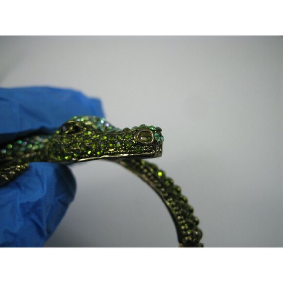 Gold Tone Crocodile Green Crystal Hinged Bangle Bracelet Sparkly Jewelry - Picture 11 of 12